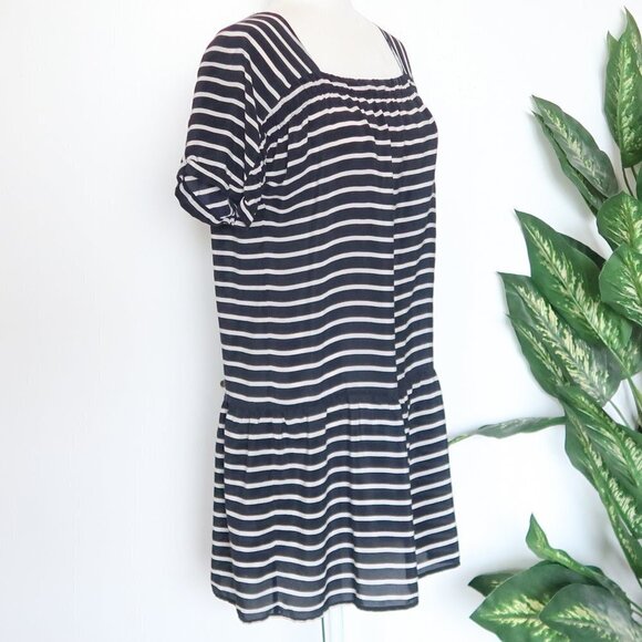 J. Crew Navy Striped 100% Silk Nautical Drop Waist Short Sleeve Mini Dress Small - Picture 6 of 11